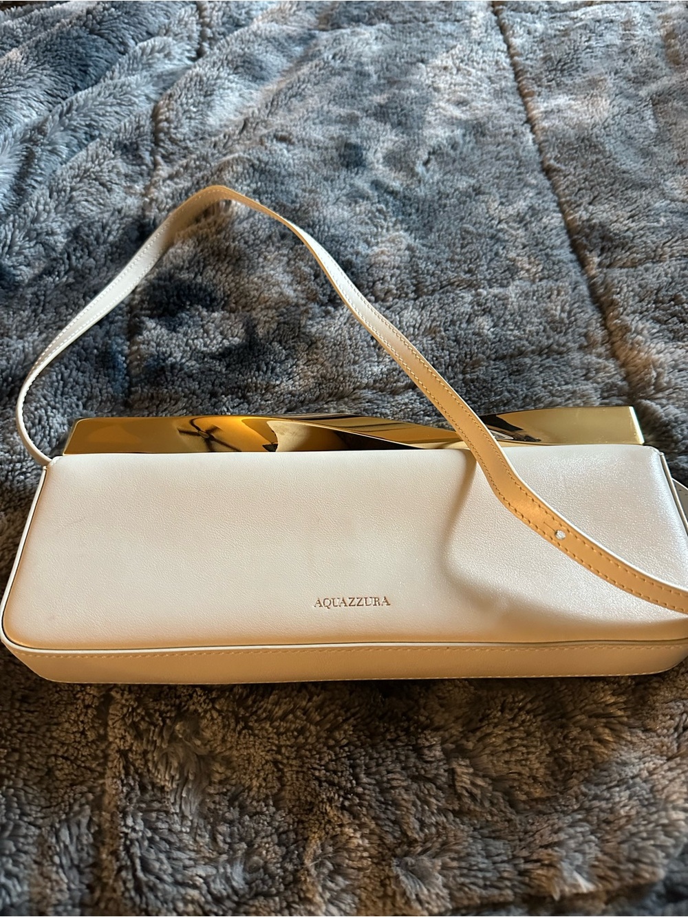 AQUAZZURA Cream Leather Shoulder clutch with Gold Accent comes with green bag